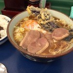 文殊 - サービスセット　茄子天と合鴨そばに生卵トッピング　カレー　2015/03