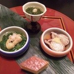 割烹 玉井 - 「前菜」飯蛸旨煮、ふのだち煮浸し、ぎばさ酢、チーズカステラ