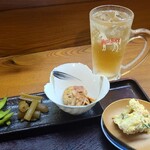 サラリーマン割烹 大増 - 晩酌セット(1,980円)
①枝豆②蕗の煮物③馬鈴薯&ベーコンの煮物④ポテトサラダ
お酒①ハイボール
