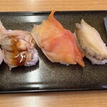 スシロー - 料理写真:■貝づくし５貫盛り（タイラギ貝焦し醤油、煮はまぐり甘だれ、大赤貝、煮あわび、漬けいたや貝包み）￥700