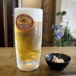 長寿庵 - ドリンク写真:いつもはビンなんですがナマで一番搾りではなくラガーのレトロジョッキなんてそそるねぇ