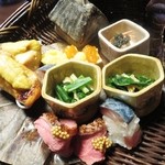 しのはら - ビュルゴー家の鴨ロース、長崎鰆の雲丹焼、近江牛の柚子釜、フォアグラ羹、きんとん、玉子真薯、青菜のお浸し