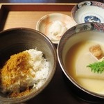 しのはら - はさかけ米と自家製カラスミ、粟麩と鴨と近江大根の白味噌仕立て