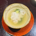 浪速割烹 㐂川 - アオサの葛汁。タコエビ真薯。