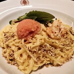 梟書茶房 - エビとタラコの豆乳パスタ。
