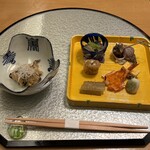 日本料理　京彩 - 先付け　鮟鱇共和え
前菜　海老雲丹焼き　穴子と蓮根の東寺揚げ