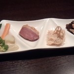 Setouchi Sengyo To Sanuki Gyu U I Fu - 5,000円コース①前菜　アン肝、明太風味のポテサラ、鴨肉、バーニャカウダ　最初からテンション上がります