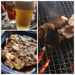 ろばたやき山ろく - 鶏皮は焼いてタレに付けてを何度か繰り返すと味が染みます。
      この弾力は是非味わっていただきたい(￣ー￣)♪