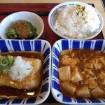 宇部琴芝食堂 - 麻婆豆腐、揚げ出し豆腐、なめたけオクラ、ご飯小