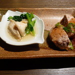 月京 - カレイと菜の花のおひたし、鴨肉饅頭