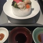 銀座ろくさん亭 - お刺身．蛸と河豚，鮪トロ．それぞれ酢味噌，ポン酢，醤油で頂きます．
