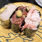 廻る富山湾 すし玉 - 富山3種盛 白海老、ホタルイカ、蟹