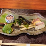 Tokuyama Zushi - Sesame-seasoned Venison, Moroko Fish, Wasabi Leaves, Canola Flowers and Ferns, Young Sweetfish, Apple and Wild Boar Ham