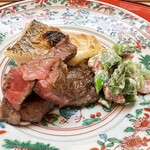 喰切料理 八方 - 甘鯛と奈義牛 生姜醤油で えんどう豆と赤ピーマンの白和え