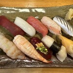 鮨処藤 - ■本日のお任せ10貫 ⒈墨烏賊 ⒉鯨〜生姜 ⒊赤身 ⒋蛇腹の赤身の所 ⒌青柳 ⒍小肌 ⒎蒸し花海老 ⒏生花海老 ⒐キンキ〜炙り ⒑平貝