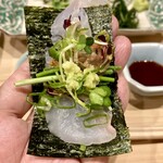 はらまさ - 〔造り〕平目 あん肝 薬味 手巻き海苔