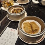 龍天門 - ワゴンから選んだ、湯葉あげと海老となすの蒸し料理です(1人一品です)。