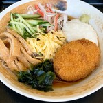 山田うどん - 料理写真:山田うどんデビュー 冷やし五目蕎麦 コロッケには蕎麦が自分的お作法 安いしちゃんと美味しいし大満足