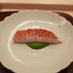 山﨑 - 麹漬けの金目鯛、菜の花のソース、桜えび揚げのソース