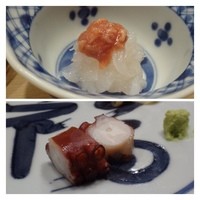 銀座 鮨 かねさか 本店 - ◆白海老、鯛の酒盗のせ
                白海老はねっとり感もあり甘くて美味しい、酒盗と合いますね。
                ◆蛸は「わさび」か「塩」で頂きます。