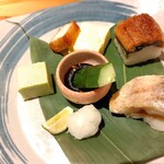 Sobakiri Tokiwa - Grilled Sweetfish with Salt, Eel Sushi, and Soba Miso Cucumber