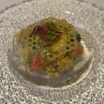 ジャンティーユ - 自分の頼んだ　地物産 ムースとバジル風味の旬の貝とのマリアージ