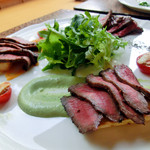 手打ち蕎麦とフレンチの やな木 - ＜2015年3月＞千屋牛のリソレ、三種の味で、クレソンとクリームチーズソース、人参味噌ソース、ハーブ塩