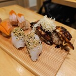 寿司 牡蠣 裏天王寺サカナエビス/Sushi Oyster Sakana-Ebisu Osaka - ヤリイカ胡麻わさび／とろける厚切り鰻バター