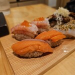 寿司 牡蠣 裏天王寺サカナエビス/Sushi Oyster Sakana-Ebisu Osaka - 飲めるサーモン／甘海老カルテット