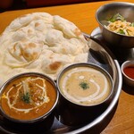 Indian Kitchen Churiya - 雙重咖哩午餐(含稅1,150日圓)
                      ① 蔬菜咖哩(胡蘿蔔&豌豆等)
                      ② 海鮮咖哩(魷魚&去殼蝦等)
                      ③ 蔬菜沙拉(切絲甘藍&大根&水菜&紅縮緬萵苣)
                      ④ 印度薄餅(Naan)