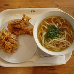 元祖讃岐製麺 中村屋 - 中村屋　かけうどん（右）かき揚げとげそ天（左）