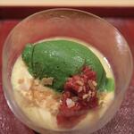 Ginza Shinohara - Mugwort Ice Cream and Custard Pudding with Raspberries.