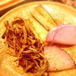 鉄板焼ステーキ 一ッ葉ミヤチク - H27.3  焼き野菜  トラエノキ、赤大根、ナス