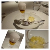レフェルヴェソンス - ◆南瓜・アオリイカ・八朔を二口で。
                南瓜とアオリイカの上にはエスプーマを使用した泡、八朔はソルベで。