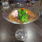 零 - あん肝、蟹、ホタルイカ、菜の花の冷製トマトソース