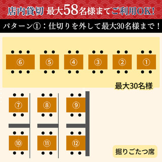 パターン①：
掘りごたつ席の仕切りを外して最大30名様までOK！
