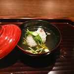 膳司 水光庵 - ハモのお椀クズ叩き、梅肉とコシアブラ、秋田のじゅんさい
