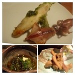 大どころ - ◆「ホタルイカ」「ワカサギの天ぷら」・・どちらもカラッと揚がっています。
      メカブとモズクを合わせた酢の物・・酢加減が優しいのですよ。美味しい。
      コウイカの肝合え・・これ美味しい。軽