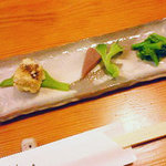 魚菜きし - 先付（鮪のつみれ、ヤーコンのワイン風味、菜の花のカラシ和え）