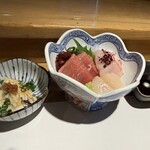 鮨竜 - 長芋の極細に切られた千切り
お刺身　中トロ、そい、帆立
