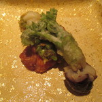 36166149 - 桜鱒　ふきのあん　ゆり根　ふきのとうの天ぷら　白インゲン豆