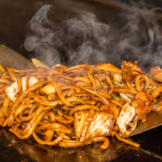 We offer `` Okonomiyaki'' and ``Osaka Sauce Yakisoba (stir-fried noodles)'' made with special dough.