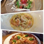 トラットリア 前澤 - 有機野菜のサラダ、エビとキノコのクリームパスタ、マルゲリータ。