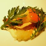 レフェルヴェソンス - フォアグラのナチュレルと金柑のコンポート、生姜、フロマージュブラン、菊芋のピュレとクリュ、春菊の葉