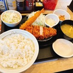 松のや - 料理写真:“国産雪国育ち ロースカツ&海老フライ1尾 定食（ご飯特盛）”+唐揚げ１個”