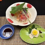 日光星の宿　宵むらさき - 刺身　湯葉　本鮪､甘海老､真鯛　山葵の葉