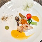 創作四川料理 廣明 - 低温調理鶏むね肉〜清見オレンジソース、完熟黒胡椒、自家製ほうれん草塩