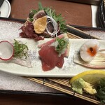 釜飯酔心 - 『向付』左から国産穴子・カツオタタキ・生マグロ・瀬戸内産鱧湯引き〜梅肉添え〜