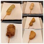 串揚げ処 gaku - 白身魚大葉巻き、白身漬け、うずら卵、じゃがバター、新玉ねぎ