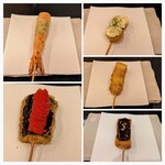 串揚げ処 gaku - 海老大葉巻き、ナス明太、帆立タルタル、豚ひれ肉ねぎま、厚揚げ田楽